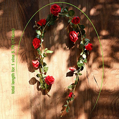 FiveSeasonStuff Classic Red Artificial Silk Roses Flower Garland, Bendable Hanging Vines (2pcs, 11ft) - color: Classic Rose Red