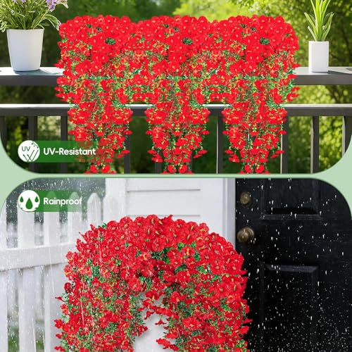 Artificial Hanging Flowers for Outdoors, 4Pcs UV Resistant Artificial Hanging Morning Glory Flowers, Spring Realistic Faux Outdoor Flower for Porch Patio Yard Garden Farmhouse Decor (Red) - color: Red