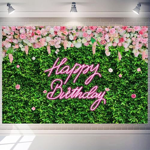 10 x 8 ft Happy Birthday Backdrop Large Green Grass and Flower Wall Background for Woman Men Birthday Party Decorations Banner Photo Booth Supplies Polyester - color: Grass Flower, size: 10x8 FT