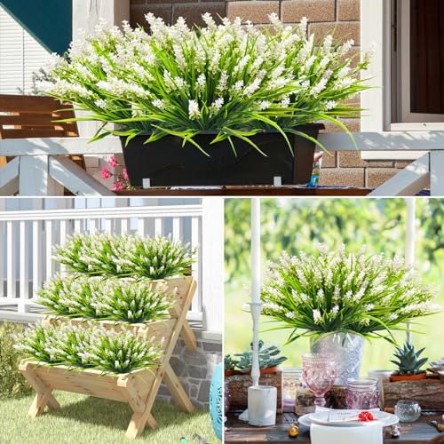 40 Bundles Artificial Plants Outdoor Fake Monkey Grass with Lavender Flowers Plastic UV Resistant Greenery Shrubs for Window Box Porch Garden Patio Outdoor Decor(White) - color: White