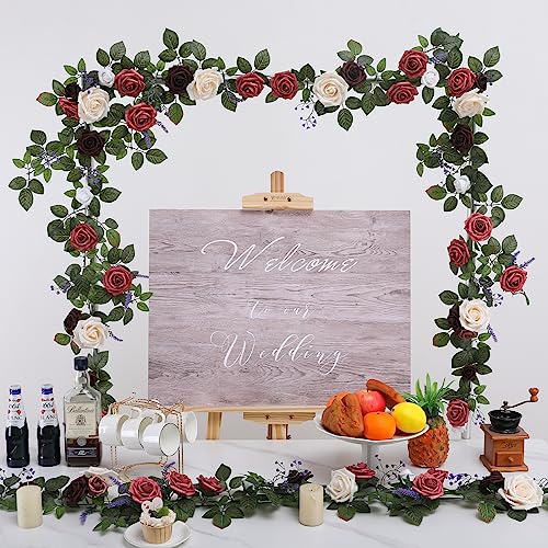 Senseya 5FT Artificial Rose Flower Garland - Dusty Burgundy Fake Floral Vine with Rose Leaves, Runner Rustic Flower Garland for Wedding Arch Backdrop Table Runner Centerpieces Party Home Mantel Decor - color: Dusty Rose Burgundy