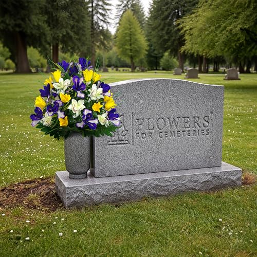 Sympathy Silks Artificial Cemetery Flowers - Grave Decoration - Yellow Tulips and Purple Iris (1) Bouquet - color: Yellow/Purple, size: (1) Bouquet