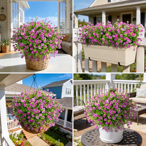Ouddy Decor 24 Bundles Artificial Flowers for Outdoors Decoration Fake Flowers UV Resistant Faux Plastic Greenery Eucalyptus Plants for Spring Summer Garden Patio Indoor Outdoor Home Decor, Fuchsia - color: Fuchsia