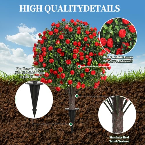 Artificial Rose Topiary Trees, 22 Inch UV-Resistant Red Flowers, Set of 2 with Ground Stakes, Indoor Outdoor Decorative Plants (2, Red Rose) - color: Red Rose