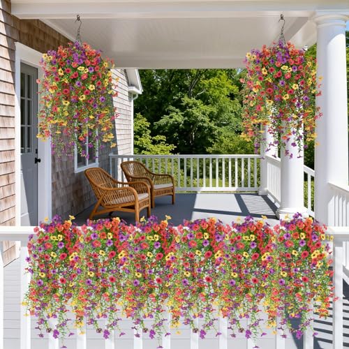 Artificial Hanging Flowers for Outdoors, 2 Pcs Fake Hanging Plants Spring Summer Decor, UV Resistant Faux Silk Daisy Flower for Front Door Porch Planter Patio Yard Garden(Purple Rose Red Yellow) - color: Purple, Rose, Red, Yellow