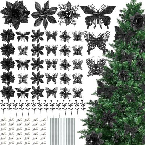 Thiccywoov 122 Pcs Christmas Glitter Poinsettia Artificial Flowers Berry Picks Butterfly Christmas Tree Ornaments 3 Styles Poinsettia kit with Clip for Xmas Wreath Home Tree Decor(Black) - color: Black