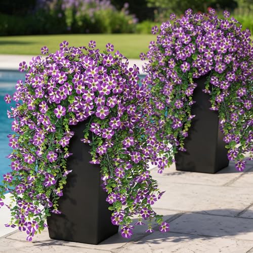 VIERENA 4 Bundles Artificial Hanging Morning Glory Flowers for Outdoor, Realistic Hanging Flowers Silk Fake Morning Glory with Faux Eucalyptus for Yard Garden Porch Patio Balcony Home Decor (Purple) - color: Purple