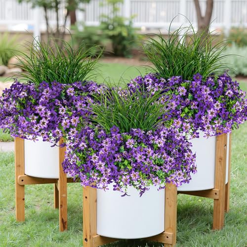 Artificial Flowers,14 Bundles UV Resistant Fake Flowers Daisy with Greenery Plants Wheat grass,Faux Outdoor Flowers for Spring Summer Decoration, Outdoor Faux Plants Home Window Porch Patio Yard - color: Purple
