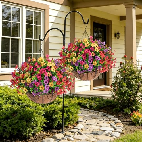 HyeFlora 2 Set Artificial Outdoor Flowers Hanging Basket, Faux Hanging Plants for Outside Spring Decoration, Fake Silk UV Resistant Look Real Daisy for Porch Patio Home Decor - color: 4 Multicolor
