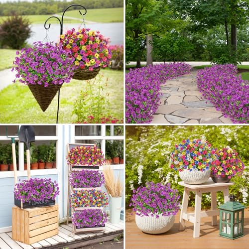 Bassion Artificial Flowers for Outdoors, 16 Bundles UV Resistant Fake Flowers Realistic Silk Faux Plants for Outdoor Planter Hanging Basket Window Box Porch Patio Garden Home Outside Decorations - color: Purple