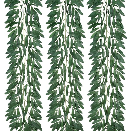 3 Strands Odorless Artificial Olive Leaf Vines, 73'' Silk Ivy Vine Garland with Green Leaves, Fake Hanging Plants Greenery Decor for Home, Bedroom, Wall, Party, Wedding Decoration. - color: Green 4