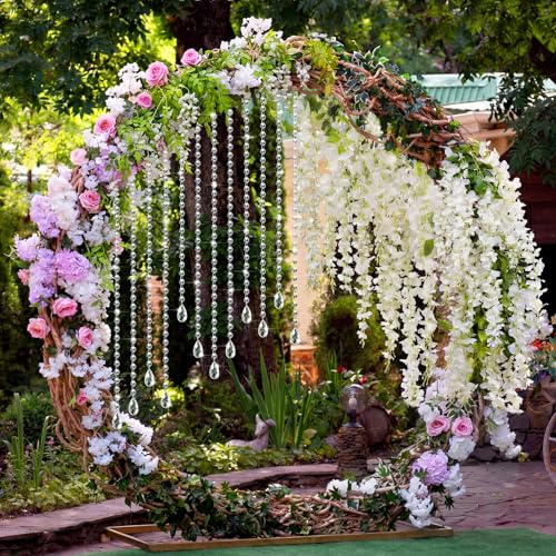 XunYee 16 Pcs Wisteria Artificial Flowers Garland and Crystal Garland Set 4 Pcs Total 72 ft White Silk Wisteria 12 Acrylic Crystal Strands for Wedding Arch Backdrop Home Garden Decor