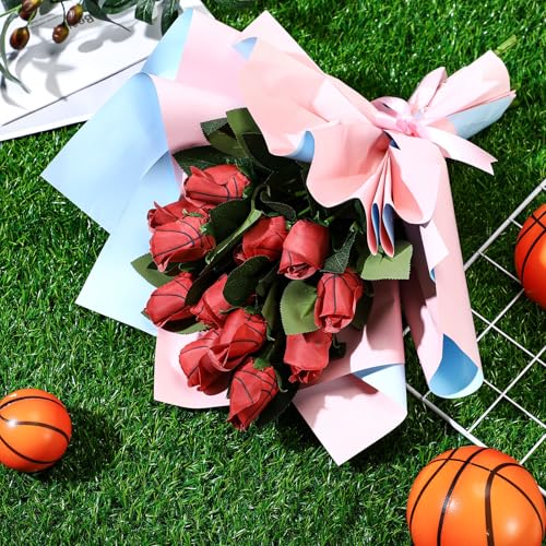 Suhine 12 Pcs Artificial Basketball Rose Flowers Sports Party Favors Bulk for Birthday Graduation Wedding Party Decoration Table Centerpieces Mom Team Coach Senior Night Gift(Basketball Color, Normal) - color: Basketball Color, size: Normal