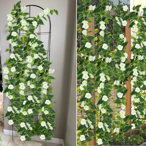 CISDUEO 2 Pcs Artificial Vines Silk Morning Glory Vines for Outdoor 15Feet Hanging Plants Garland White Fake Green Plant Morning Glories for Home Decor Wall Fence Stairway Wedding Hanging Baskets - color: White