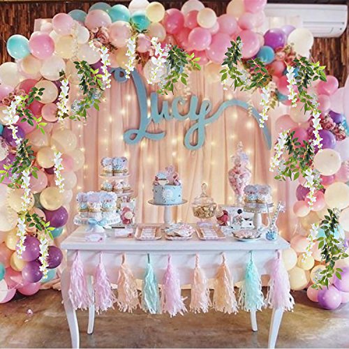 DearHouse 4Pcs 6.6Ft/Piece Artificial Flowers Silk Wisteria Garland Artificial Wisteria Vine Rattan Silk Hanging Flower for Home Garden Outdoor Ceremony Wedding Arch Floral Decor (White) - color: White
