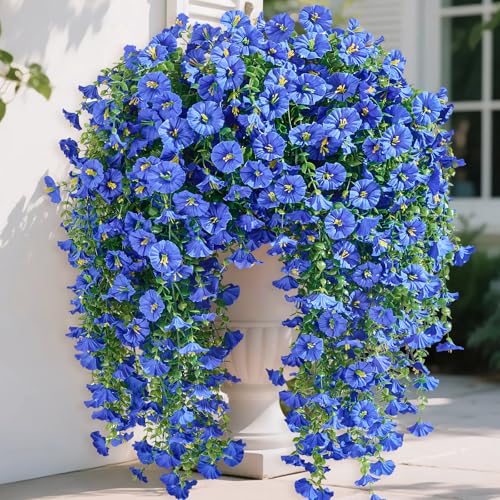 Serwalin Artificial Hanging Flowers for Outdoors UV Resistant, 4PCS Faux Morning Glory Fake Outdoor Flowers Realistic Silk Flower Faux Plants for Outside Planter Front Door Porch Patio Yard Decor - color: Blue