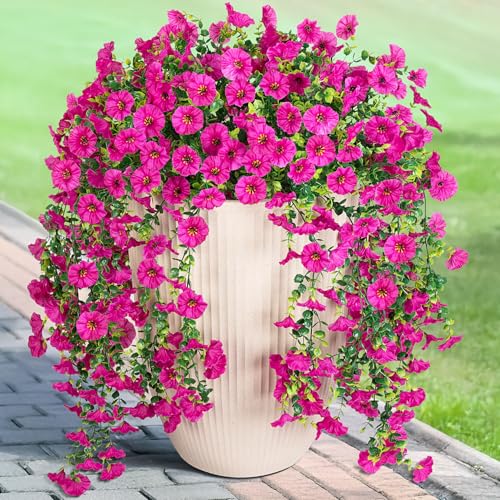 Artificial Hanging Flowers for Outdoor, 2pcs Fake Plants Long Vine Morning Glory Eucalyptus, UV Resistant Realistic Faux Greenery Indoor Outside Patio Porch Garden Spring Summer Decor, Light Purple - color: Light Purple