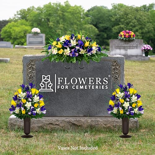 Sympathy Silks Artificial Cemetery Flowers - Grave Decoration - Yellow Tulips and Purple Iris (1) Headstone Saddle (2) Bouquets - color: Yellow/Purple, size: (1) Saddle (2) Bouquets
