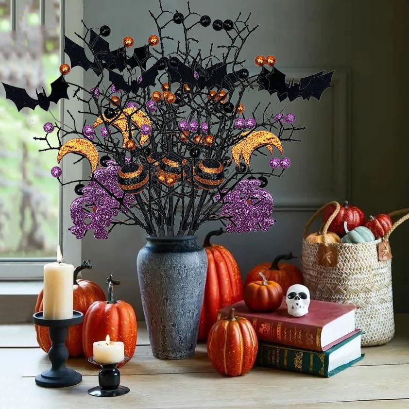 3 Pack Artificial Halloween Floral Picks Purple Orange Black Berry Stems Halloween Tree Branches with Glitter Ball for Halloween Party Flower Arrangement Centerpieces (Black) - color: Black