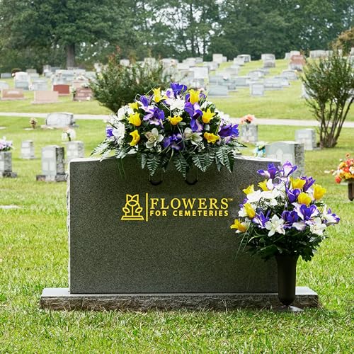 Sympathy Silks Artificial Cemetery Flowers - Grave Decoration - Yellow Tulips and Purple Iris (1) Headstone Saddle (1) Bouquet (1) Vase - color: Yellow/Purple, size: (1) Saddle (1) Bouquet (1) Vase