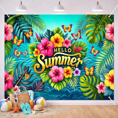 BlissYard Hello Summer Tropical Floral Backdrop 8x6ft Beach Leaf Flower Background Colorful Hibiscus Palm Butterfly Design for Summer Party Birthday Pool Event Photo Booth Decoration Banner - color: Summer Beach#06