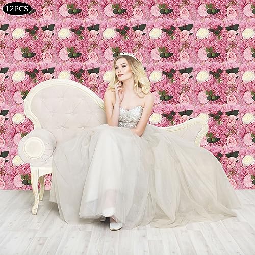 12Pcs Artificial Flower Wall Panel 3D Floral Backdrop Walls15 X 15" Flower Wall Decor Panel Flower Backdrop for Party Home Background Decor-Dark Pink, White - color: Dark Pink, White