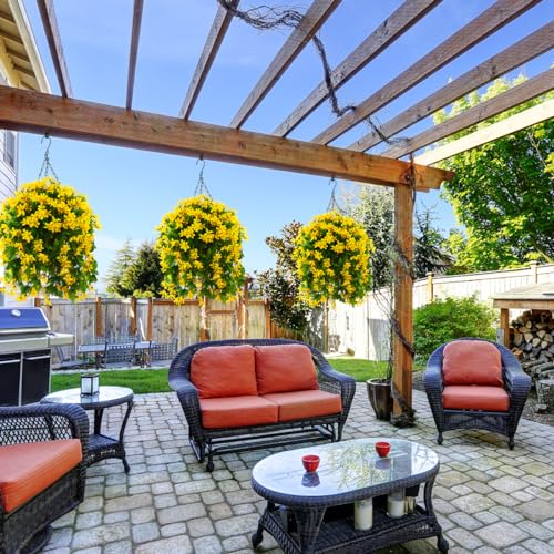 INQCMY Artificial Hanging Flowers in Basket for Patio Garden Decoration,Faux Silk Violet in Planter UV Resistant Realistic for Outside Home Porch Balcony Yard Decor(Yellow) - color: Yellow