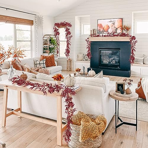 RECUTMS Artificial Hanging Willow Leaves Vine Twigs 2Pcs 5.7Ft Fake Silk Burgundy Leaf Ivy Fall Garland Faux Greenery Indoor Outdoor Valentines Day Wedding Birthday Christmas Thanksgiving Party Decor - color: Willow Vines Burgundy 2pcs