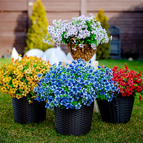 AXYLEX Artificial Flowers for Outdoors, 16 Bundles Fake Plants (Blue) | UV resistant faux plastic flowers, no fade artificial greenery – garden, patio, porch & home - color: Blue