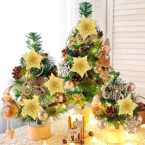 Eeghurt 10 Pcs Christmas Glitter Poinsettia Artificial Flowers Decorations with 10 Pcs Clips, 7.1 Inches Large Fake Double Layer Flowers Wedding New Year Ornaments for Xmas Tree Decor, Yellow.