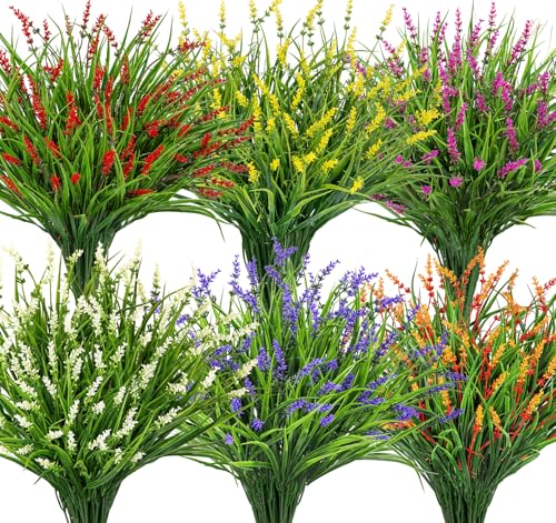 24 Bundles Artificial Plants Flowers Outdoor, Faux Lavender Flowers Fake Monkey Grass UV Resistant Plastic Plant for Porch Garden Patio Window Home Decor, Mixed Color - color: Multi Color