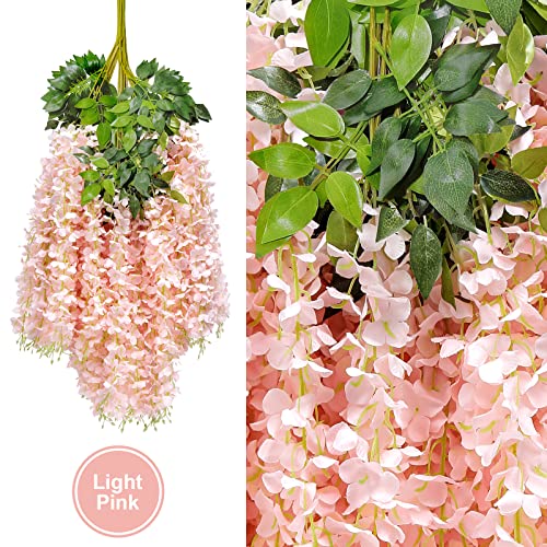 U'Artlines 24 Pack(Total 43.2 Feet) Artificial Fake Wisteria Vine Rattan Hanging Garland Silk Flowers String Home Party Wedding Decor (24, Light Pink) - color: Light Pink