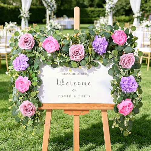 Livole 2Pcs 12 Ft Artificial Flower Garland Fake Pink Rose Peony Floral Garland with Eucalyptus Flower Hanging Vine for Wedding Arch Table Centerpieces Backdrop Party Home Decorations - color: Pink, size: 2 Pcs