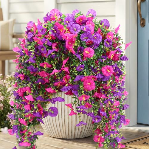 CEWOR 4pcs Artificial Hanging Plants for Outdoor, Fake Flowers Faux Silk Morning Glory with Eucalyptus, UV Resistant Realistic Faux Flower Greenery for Outside Indoor Home Porch Patio Decor, Purple - color: Purple Morning Glory