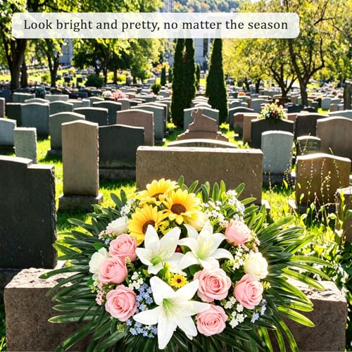 Lebaley 48 PCS Artificial Palm Leaves Cemetery Flowers - Faux Palm Fronds with Stems,Fake Greenery Stems Grave Decor,Palm Fronds for Cemetery Saddles,Memorial Day,Veterans Day,Independence Day - size: 48pcs