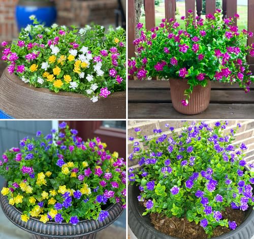 8 Bundles Outdoor Artificial Fake Flowers UV Resistant No Fade Boxwood Faux Plastic Shrubs Plants for Garden Patio Porch Window Box Home Wedding Farmhouse Hanging Décor - color: Mix Colors