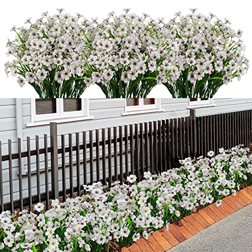 LikSoor 21 Bundles Artificial Outdoor UV Resistant Flowers No Fade Fake Outside Flowers Plastic Greenery Faux Shrubs Garden Porch Window Box Home Decoration (White) - color: White
