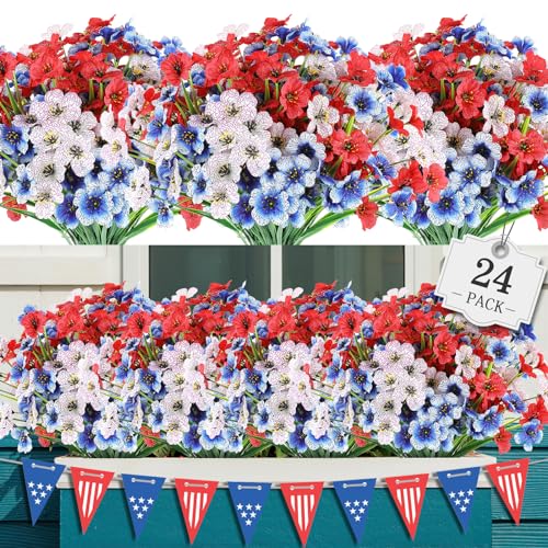 AGIRL 24 Bundles Artificial Flowers for Outdoor,No Fade Fake Plastic Flowers for Garden Porch Window Box Home,Red White Blue Faux Plants for 4th of July Memorial Day Independence Day Patriotic Decor - color: Mix 3 Colors, size: 24