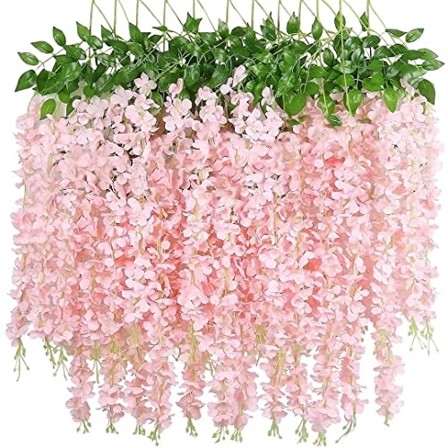 12 Pack Wisteria Flower Vines Garland, 3.75 Feet Artificial Flower Strings, Fake Hanging Flowers, Silk Wisteria Garland Flowers, Wisteria Vine for Wedding, Garden, Wall Decoration (Peach) - color: Peach