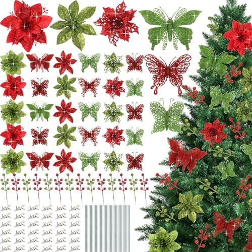 Thiccywoov 122 Pcs Christmas Glitter Poinsettia Artificial Flowers Berry Picks Butterfly Christmas Tree Ornaments 3 Styles Poinsettia kit with Clip for Xmas Wreath Home Tree Decor(Red, Green) - color: Red, Green