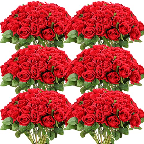 Jexine 50 Pcs Artificial Rose Flower Bulk Realistic Silk Fake Roses with Long Stem Plastic Artificial Flower Bouquet Real Looking for Home Wedding Centerpieces Party Decoration(Red) - color: Red