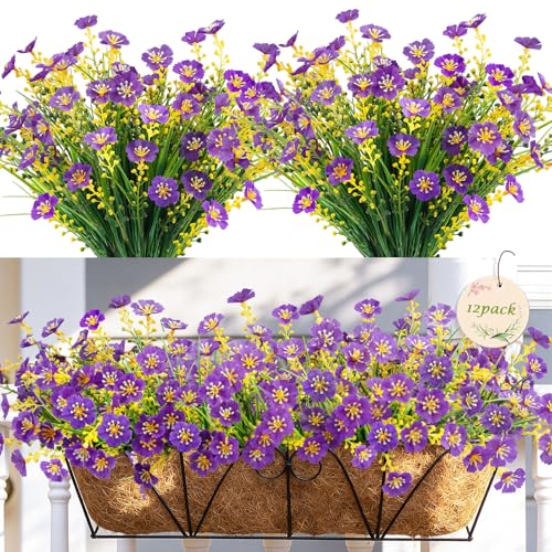 MACTING Artificial Flowers for Outdoors 12 Bundles UV Resistant Fake Flowers No Fade Faux Outdoor Plants for Indoor Outside Planters Garden Porch Yard Window Home Summer Decorations,Purple - color: Purple, size: 12PCS