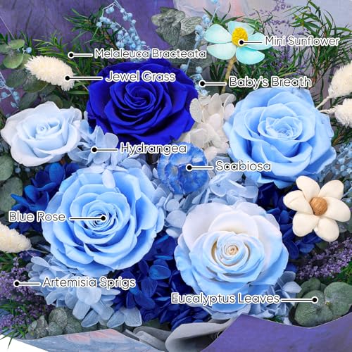 Bessol Flowers for Delivery Preserved Flower Bouquet Forever Fresh Flowers Birthday Gifts for Women Mom Anniversary Red Real Rose Gifts for Grandma Wife Girlfriend Sister Her from Daughter - color: Royal Blue Preserved Flower Bouquet, size: Small