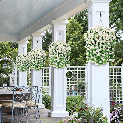 Artificial Hanging Flowers for Outdoors, 2 Pack White Silk Morning Glory Fake Flowers UV Resistant Faux Petunias Hanging Artificial Plants Trailing Vines for Home Garden Spring Summer Planter Decor - color: White
