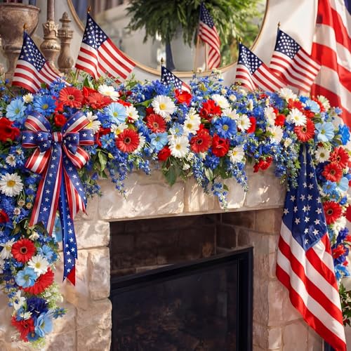 6 ft Red White Blue Garland 4th of July Patriotic Flower Garland for Mantle Artificial 250th Decoration with Daisy Lavender Vine Memorial Day Faux Floral for Independence Table Decor - style: Independence Day