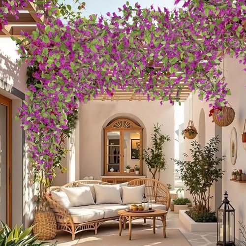 CITYES Artificial Bougainvillea Flowers Garland Purple Silk Bougainvillea Vines UV Resistant Realistic Faux Hanging Flowers Plants for Outdoor Outside Summer Decoration Porch Patio Balcony Yard Wall - color: Purple