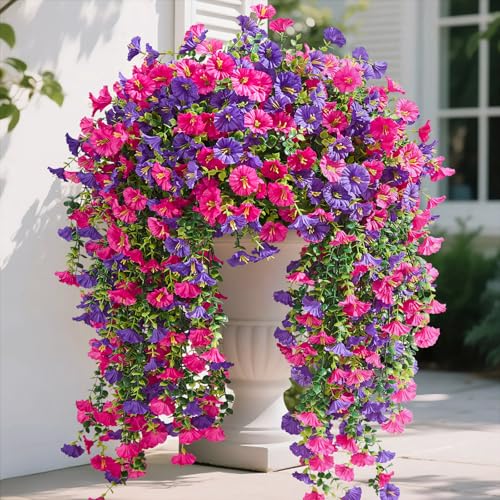 Serwalin Artificial Hanging Flowers for Outdoors Decoration, 4PCS UV Resistant Silk Artificial Fake Plants Outdoor for Porch Patio Balcony Indoor Planter Yard Decor (Purple&Rose Pink,4PCS) - color: Purple&rose Pink