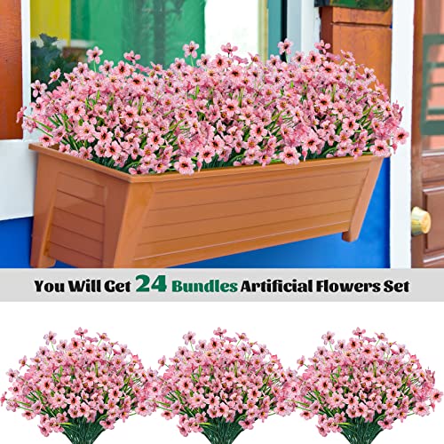Lnoicy 24 Pcs Artificial Flowers for Outdoor,Plastic Flowers Decoration, UV Resistant Faux Flowers Shrubs, Artificial Plants for Indoor Outside Garden Home Wedding Farmhouse(Pink) - color: Pink, size: 24