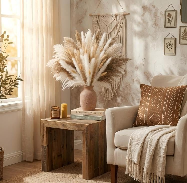 17 Inch Brown & White Dried Pampas Grass Bouquet, Bunny Tails and Reed Grass for Boho Rustic Wedding Decor, Living Room, Bedroom Styling and Holiday Decor - color: 61pc Pampas Gress