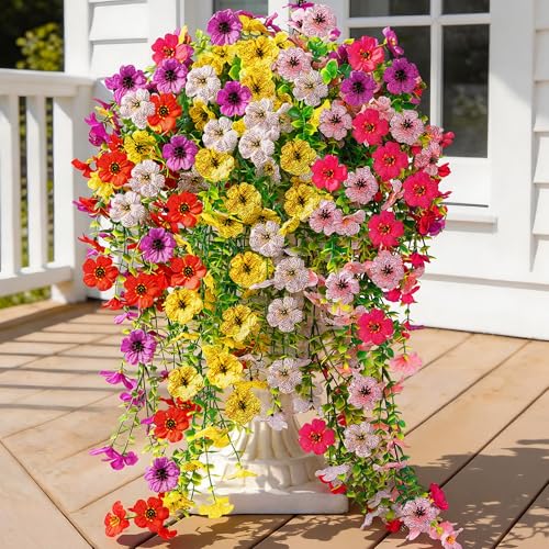 AGIRL 6 Bundles Artificial Hanging Flowers for Outdoor Spring Summer Decor,UV Resistant Faux Silk Flowers,Fake Plants with Realistic Look for Outside Indoor Planter Garden,Patio,Balcony,Porch and Yard - color: Red+yellow+fuchsia+purple+pink+white